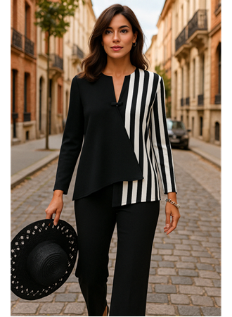 Kadın Keten Kumaş çizgi Desenli Uzun Kollu Bluz