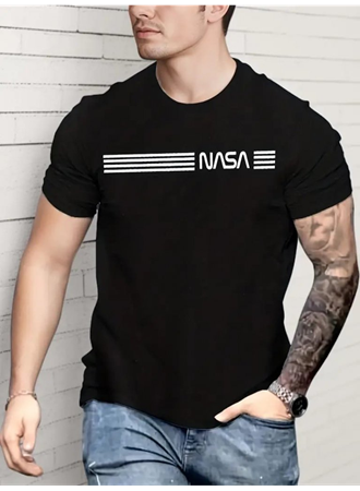 Erkek Kısa Kollu NASA Baskı Bisiklet Yaka T-shirt