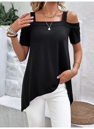 Kadın Kısa Kollu Omuzlardan Açık Askılı Asimetrik Kesim Viskon Bluz