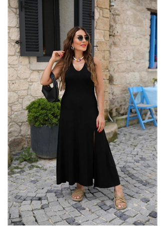 Kadın Askılı V Yakalı Yırtmaçlı Viskon Elbise