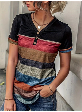 Kadın Kısa Kollu V Yakalı Düğmeli çok Renkli Süprem Bluz