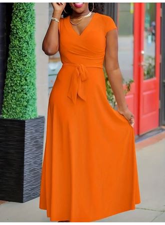 Kadın Kısa Kollu V Yakalı Belden Kuşaklı Maksi Boy Viskon Elbise
