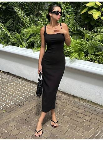 Kadın Ip Askılı Yuvarlak Yakalı Yırtmaçlı Midi Kaşkorse Elbise