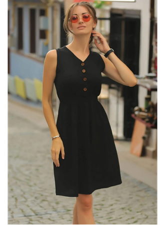 Kadın V Yakalı önden Düğme Detay Beli Lastikli Keten Kısa Elbise