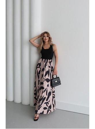 Kadın Askılı Yuvarlak Yaka üst Viskon Alt Desenli Uzun Süprem Elbise