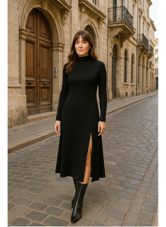 Kadın Uzun Kollu Balıkçı Yaka Derin Yırtmaç Detay Krep Elbise 120 Cm