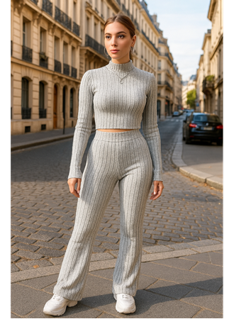 Kadın Uzun Kollu Balıkçı Yaka Krop Ve Pantolon şardonlu Kaşkorse Ikili Takım