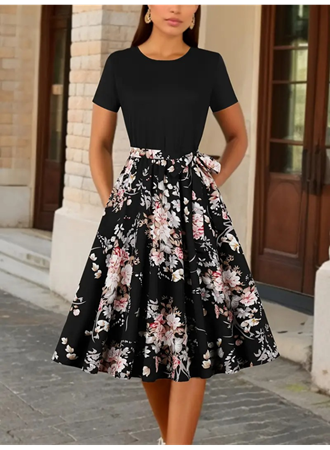 Kadın Kısa Kollu Bisiklet Yaka çiçek Desenli üst Viskon Alt Süprem Kısa Elbise