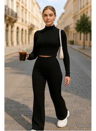 Kadın Uzun Kollu Balıkçı Yaka Krop Ve Pantolon şardonlu Kaşkorse Ikili Takım