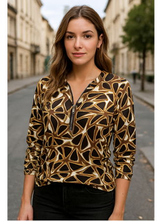 Kadın Uzun Kollu Yuvarlak Yaka Fermuarlı Desenli şardonlu Bluz