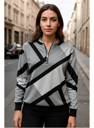 Kadın Uzun Kollu Yuvarlak Yaka Fermuarlı Desenli şardonlu Bluz