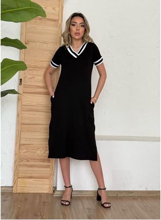 Kadın Kısa Kollu V Yaka Kol Ve Yaka Ribana Detay Midi Boy Viskon Elbise