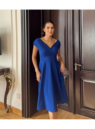 Kadın Kısa Kollu Kruvaze Yaka Eteği Volanlı Krep Elbise