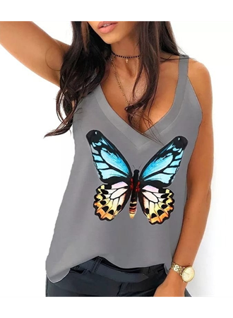 Kadın Kelebek Baskılı Sandy Kumaş Askılı Bluz