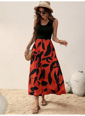 Kadın Askılı Yuvarlak Yaka üst Viskon Alt Desenli Uzun Süprem Elbise