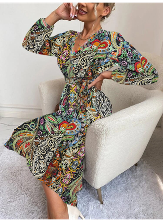 Kadın Uzun Kollu Kruvaze Yakalı Belden Kuşaklı Leopar