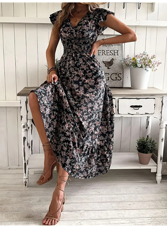 Kadın Kısa Kollu Kruvaze Yaka Beli Lastikli çiçek Desenli Elbise