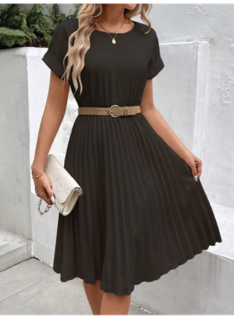 Kadın Kısa Kollu Yakası Açık Belden Lastikli Pileli Kısa Ithal Krep Elbise