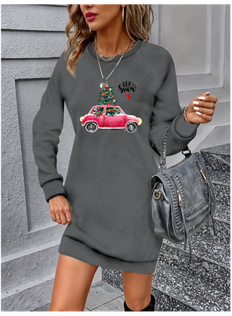 Kadın Uzun Kollu Bisiklet Yaka Desenli Viskon Iki Iplik Elbise