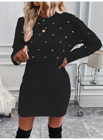 Kadın Uzun Kollu Bisiklet Yaka Desenli Triko Elbise