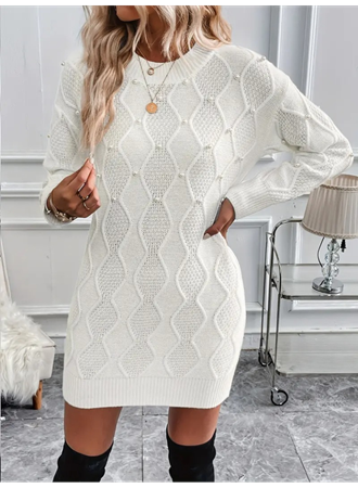 Kadın Uzun Kollu Bisiklet Yaka Desenli Triko Elbise