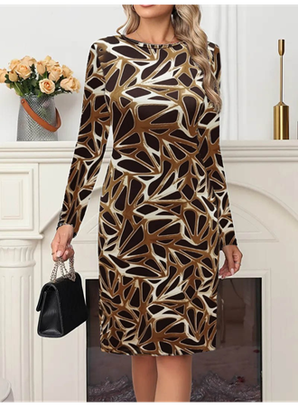Kadın Uzun Kollu Bisiklet Yaka Desenli Dalgıç Kısa Elbise