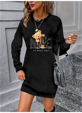 Kadın Uzun Kollu Bisiklet Yaka Ayı Desenli Viskon Iki Iplik Elbise