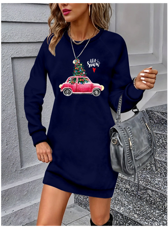 Kadın Uzun Kollu Bisiklet Yaka Desenli Viskon Iki Iplik Elbise