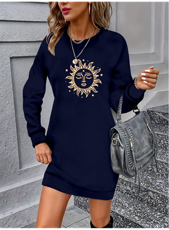 Kadın Uzun Kollu Bisiklet Yaka Güneş Desenli Viskon Iki Iplik Elbise