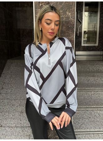 Kadın Uzun Kollu Yuvarlak Yaka Fermuarlı Desenli şardonlu Bluz