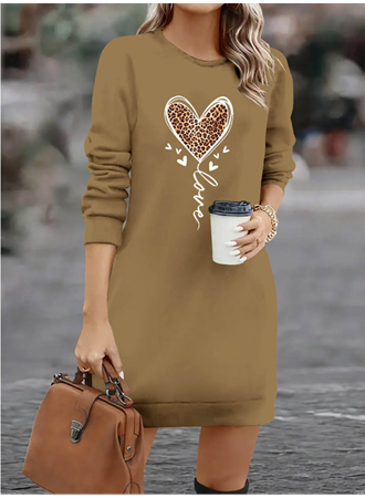 Kadın Uzun Kollu Bisiklet Yaka Kalp Desenli Kısa Viskon Elbise