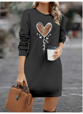 Kadın Uzun Kollu Bisiklet Yaka Kalp Desenli Kısa Viskon Elbise