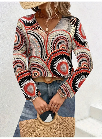 Kadın Uzun Kollu V Yakalı Desenli Süprem Bluz