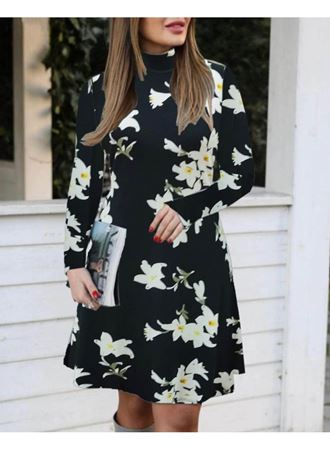 Kadın Balıkçı Yaka Uzun Kollu çiçek Desenli Krep Elbise