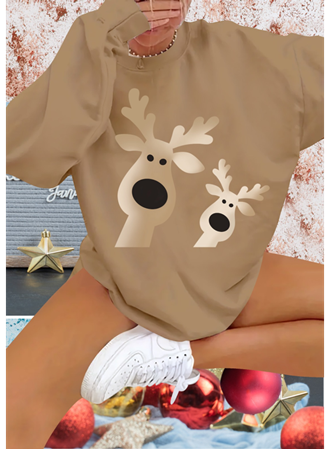 Kadın Uzun Kollu Bisiklet Yaka Geyik Desenli Viskon Iki Iplik Bluz