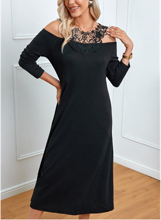 Kadın Uzun Kollu Yaka önü Güpürlü Madonna Yaka Viskon Midi Boy Elbise