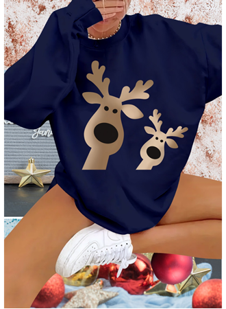 Kadın Uzun Kollu Bisiklet Yaka Geyik Desenli Viskon Iki Iplik Bluz