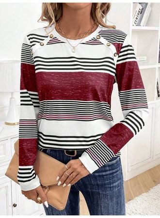 Kadın Uzun Kollu Bisiklet Yaka Düğme Detaylı Desenli Süprem Bluz