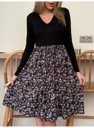 Kadın Uzun Kollu V Yakalı üst Viskon Alt çiçek Desenli Süprem Kısa Elbise