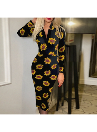 Kadın Uzun Kollu V Yaka Puantiyeli Krep Midi Boy Elbise