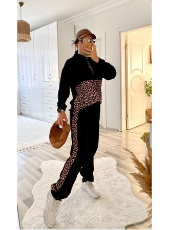 Kadın Uzun Kollu Leopar Detay Sweat Ve Yanı Leopar şerit Detay Pantolon Ikili Takım