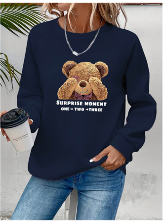 Kadın Uzun Kollu Bisiklet Yaka Ayıcık Desenli Viskon Iki Iplik Bluz