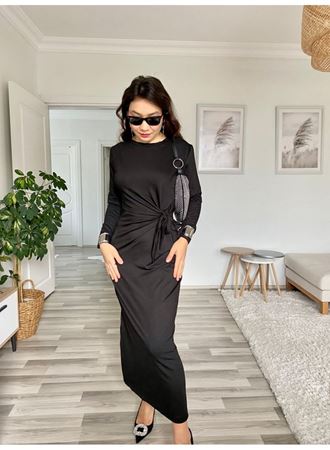 Kadın Uzun Kollu Bisiklet Yaka Belden çapraz Bağlamalı Yandan Yırtmaçlı Uzun Viskon Iki Iplik Elbise