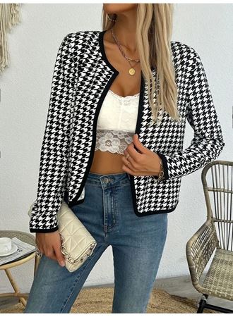 Kadın Uzun Kollu Kaz Ayağı Desenli şardonlu Dalgıç Ceket