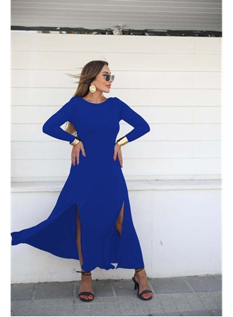 Kadın Uzun Kollu Hafif Kayık Yaka Sırt Dekolteli Yırtmaç Detaylı Viskon Tam Boy Elbise