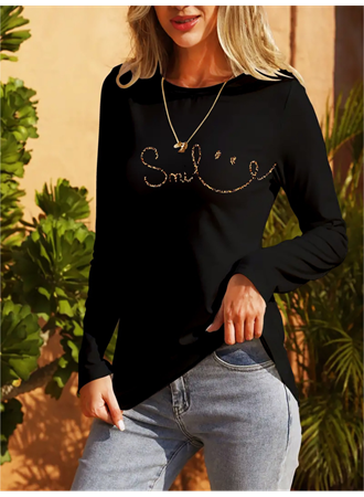 Kadın Uzun Kollu Bisiklet Yaka Gülümseyen Surat Desenli Viskon Bluz