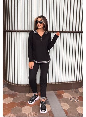 Kadın Uzun Kollu Ribana Ve Fermuar Detay Bluz Ve Yüksel Bel Pantolon 2li Takım