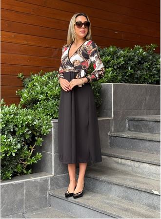 Kadın Uzun Kollu Kruvaze Yaka Dalgıç Krep Midi Boy Elbise