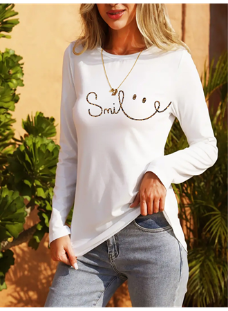 Kadın Uzun Kollu Bisiklet Yaka Gülümseyen Surat Desenli Viskon Bluz