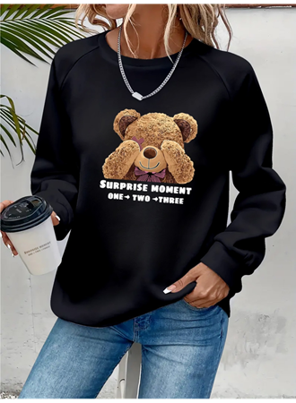 Kadın Uzun Kollu Bisiklet Yaka Ayıcık Desenli Viskon Iki Iplik Bluz